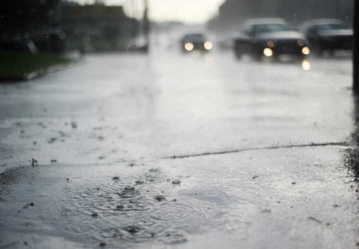 Puddle near the wet road in the rain
